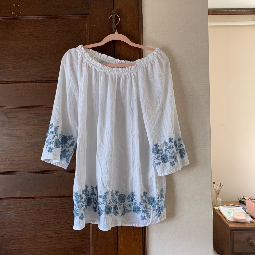 J.Jill white nightgown/babydoll dress with blue embroidered flowers.